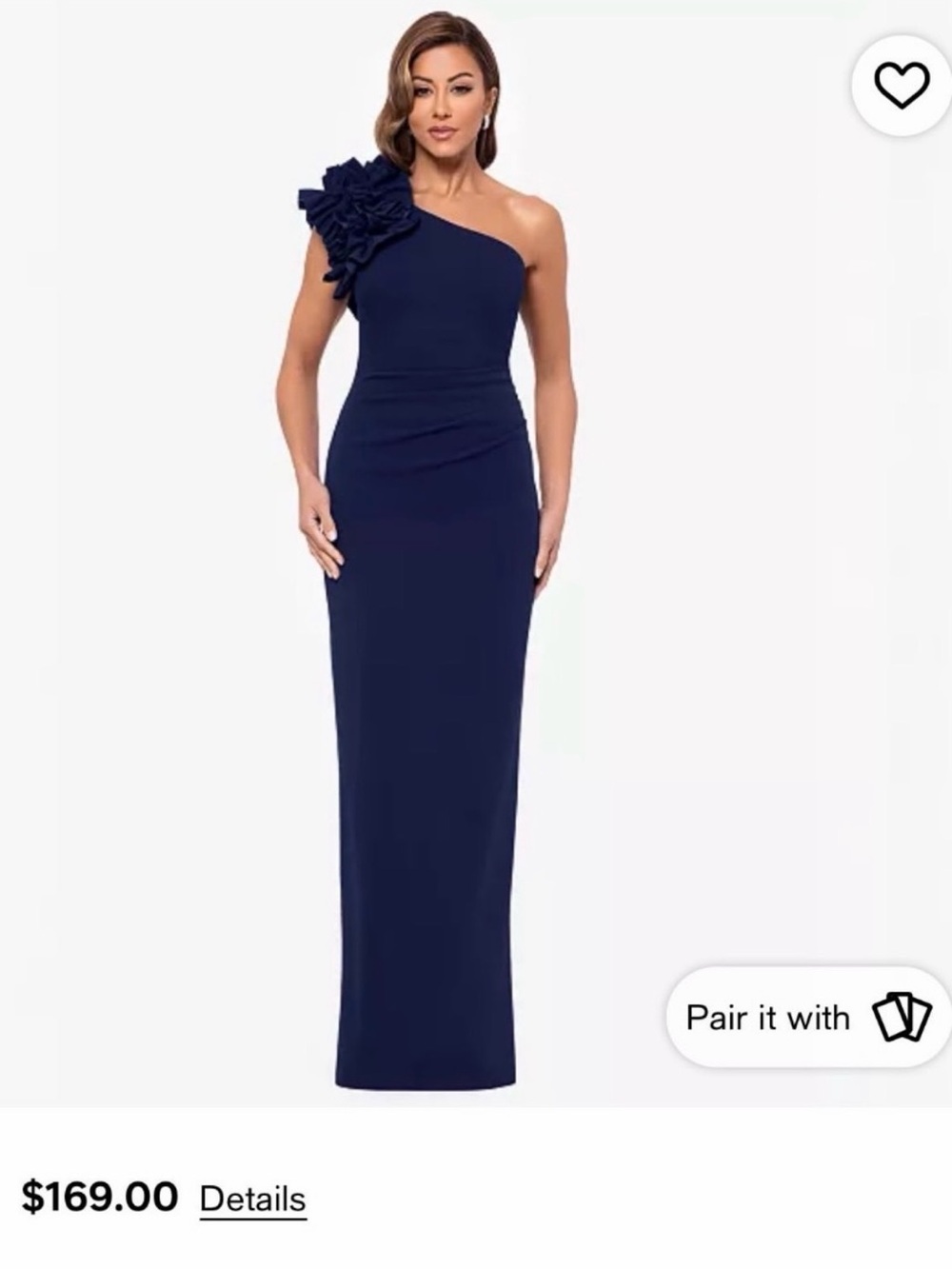 XSCAPE One-Shoulder Black formal dress with floral shoulder detail, Size 8.